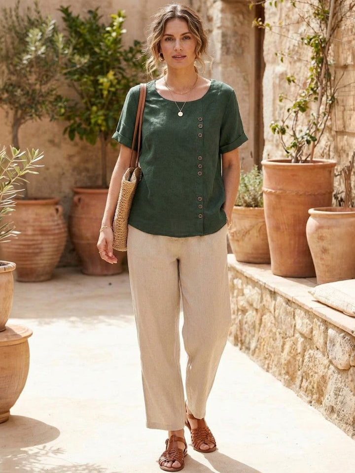 Vivienne | Short Sleeve Top with Scoop Neck and Button Detail