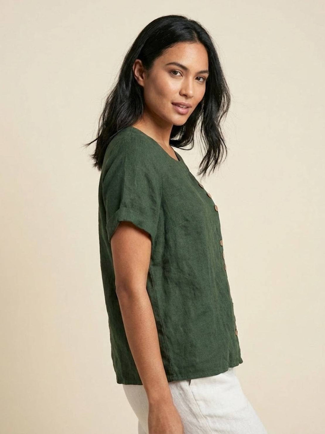 Vivienne | Short Sleeve Top with Scoop Neck and Button Detail