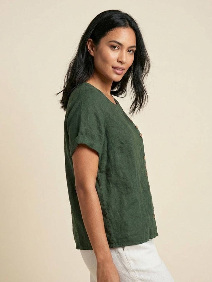 Vivienne | Short Sleeve Top with Scoop Neck and Button Detail