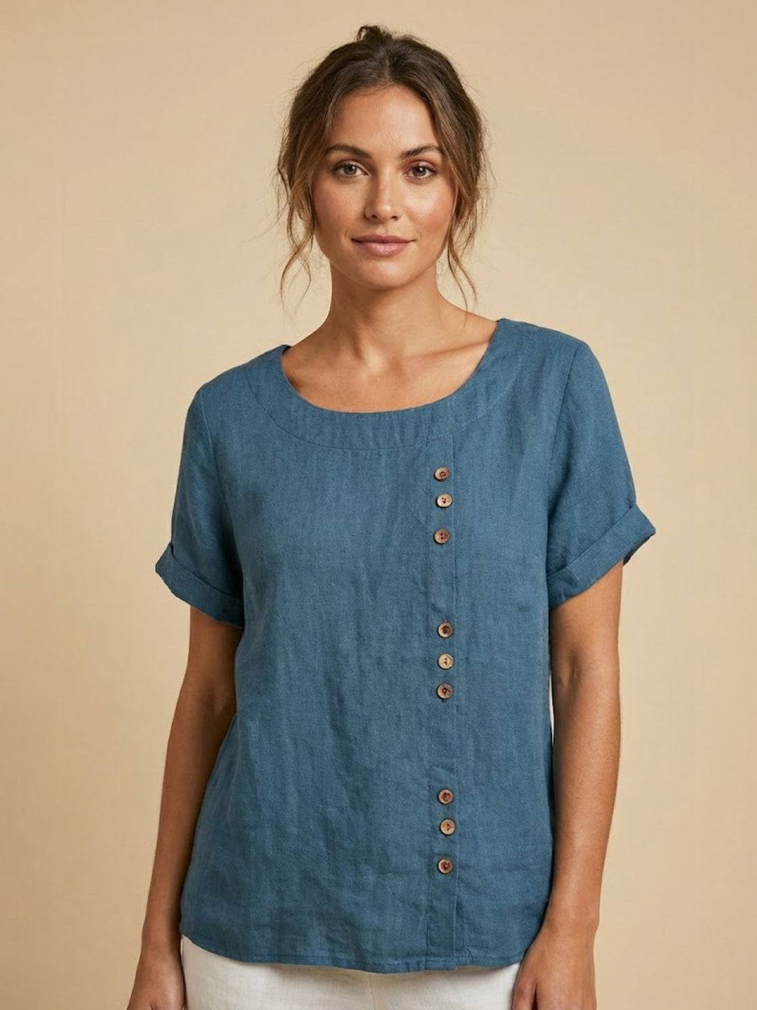 Vivienne | Short Sleeve Top with Scoop Neck and Button Detail