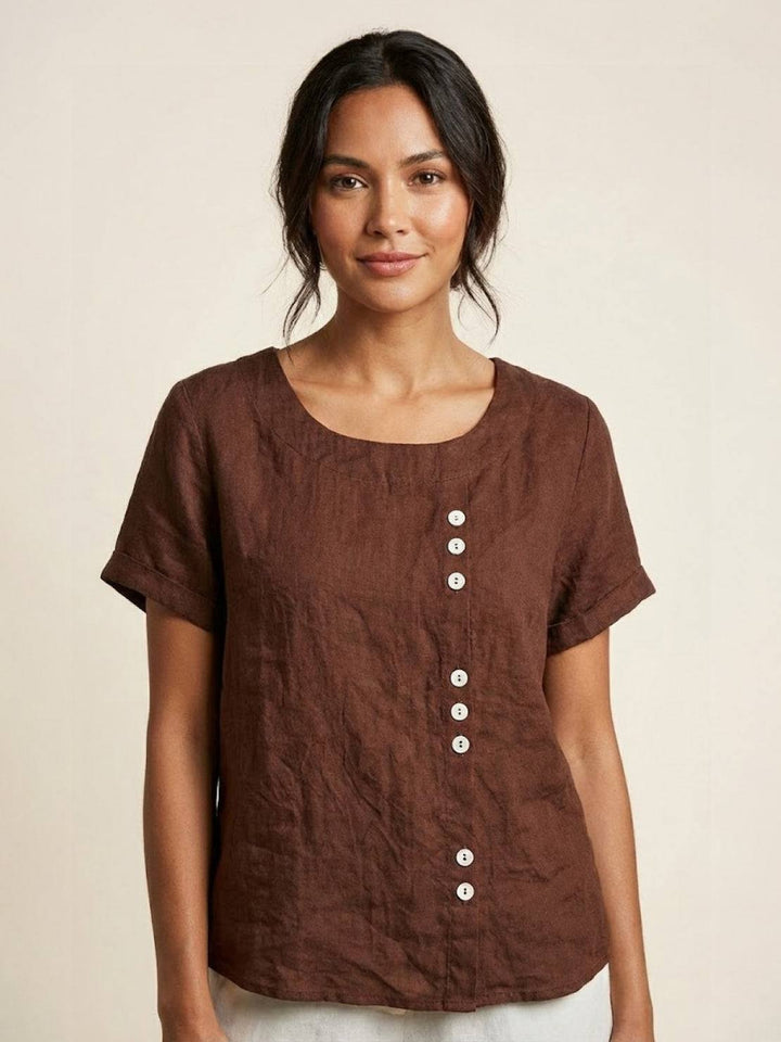 Vivienne | Short Sleeve Top with Scoop Neck and Button Detail