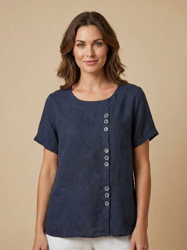 Vivienne | Short Sleeve Top with Scoop Neck and Button Detail
