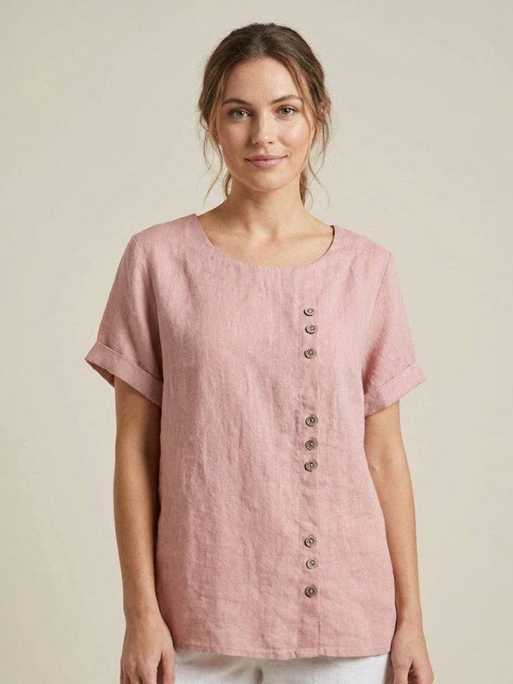 Vivienne | Short Sleeve Top with Scoop Neck and Button Detail