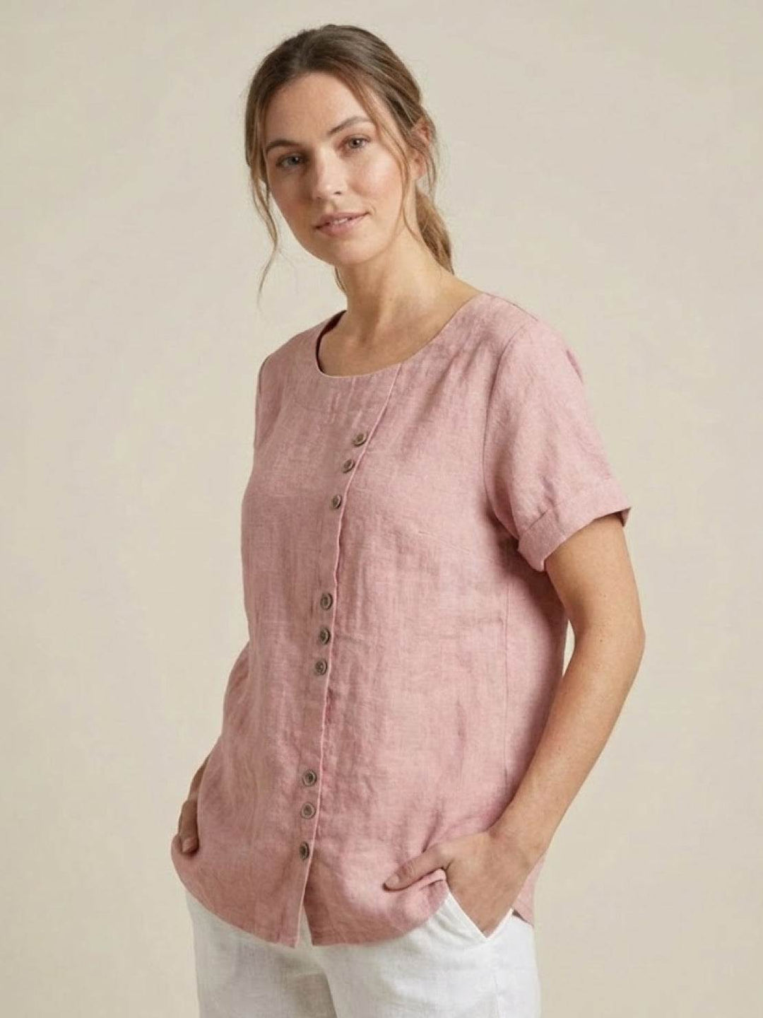 Vivienne | Short Sleeve Top with Scoop Neck and Button Detail