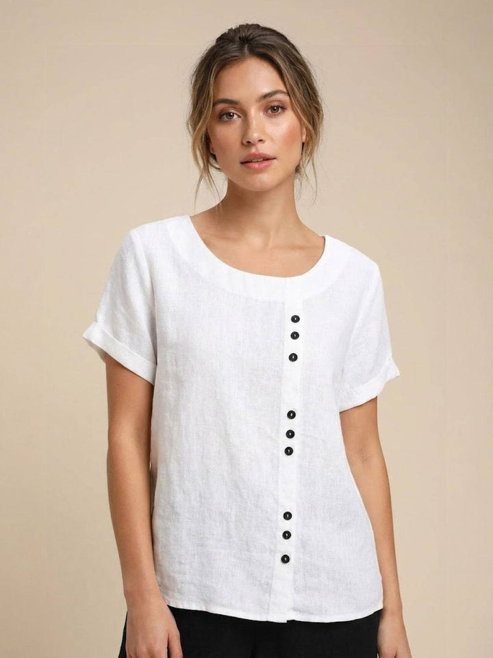 Vivienne | Short Sleeve Top with Scoop Neck and Button Detail