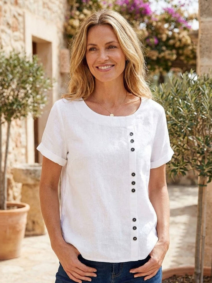 Vivienne | Short Sleeve Top with Scoop Neck and Button Detail