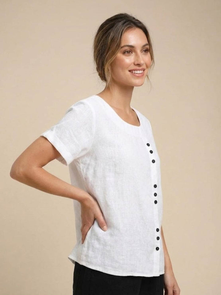 Vivienne | Short Sleeve Top with Scoop Neck and Button Detail