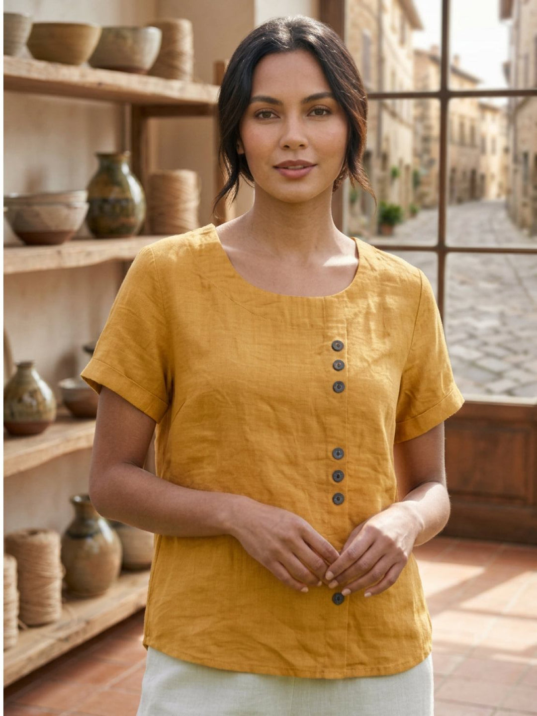 Vivienne | Short Sleeve Top with Scoop Neck and Button Detail