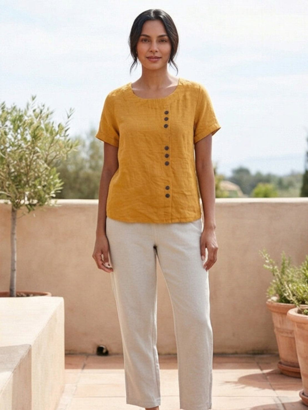 Vivienne | Short Sleeve Top with Scoop Neck and Button Detail