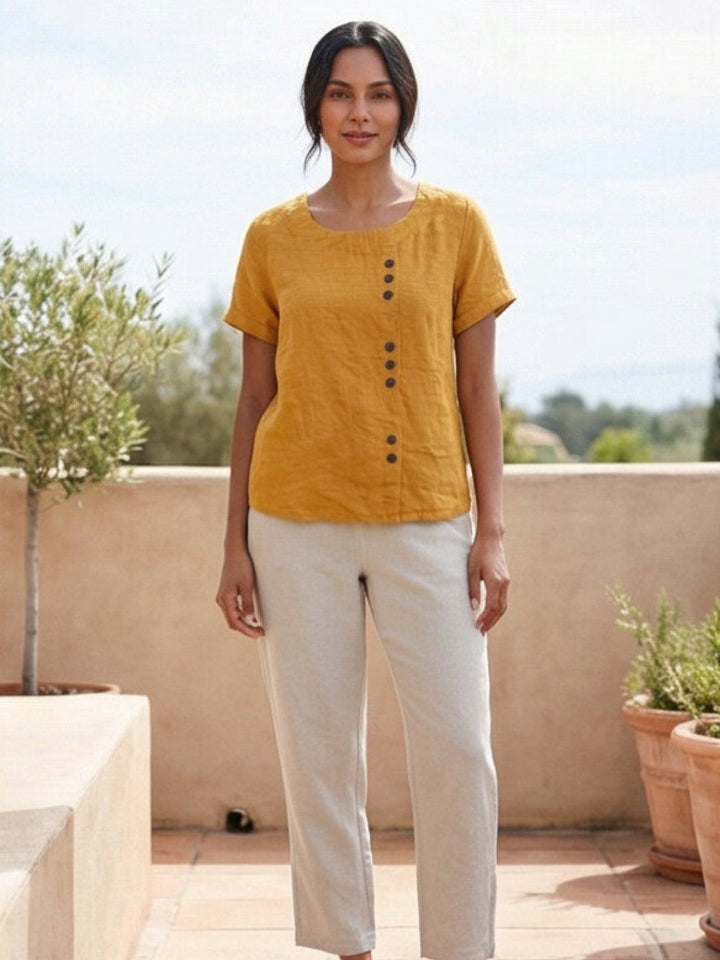 Vivienne | Short Sleeve Top with Scoop Neck and Button Detail