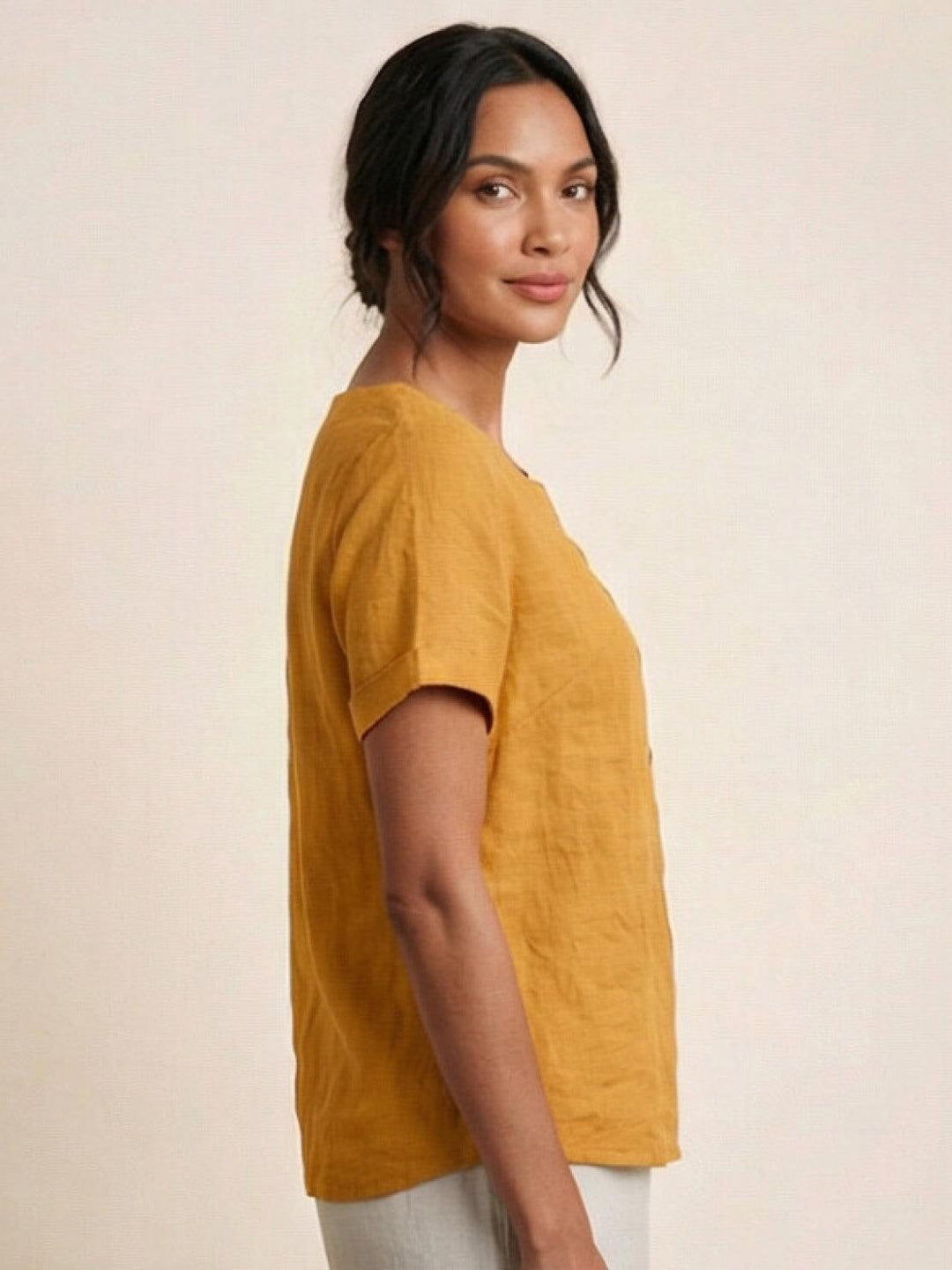 Vivienne | Short Sleeve Top with Scoop Neck and Button Detail