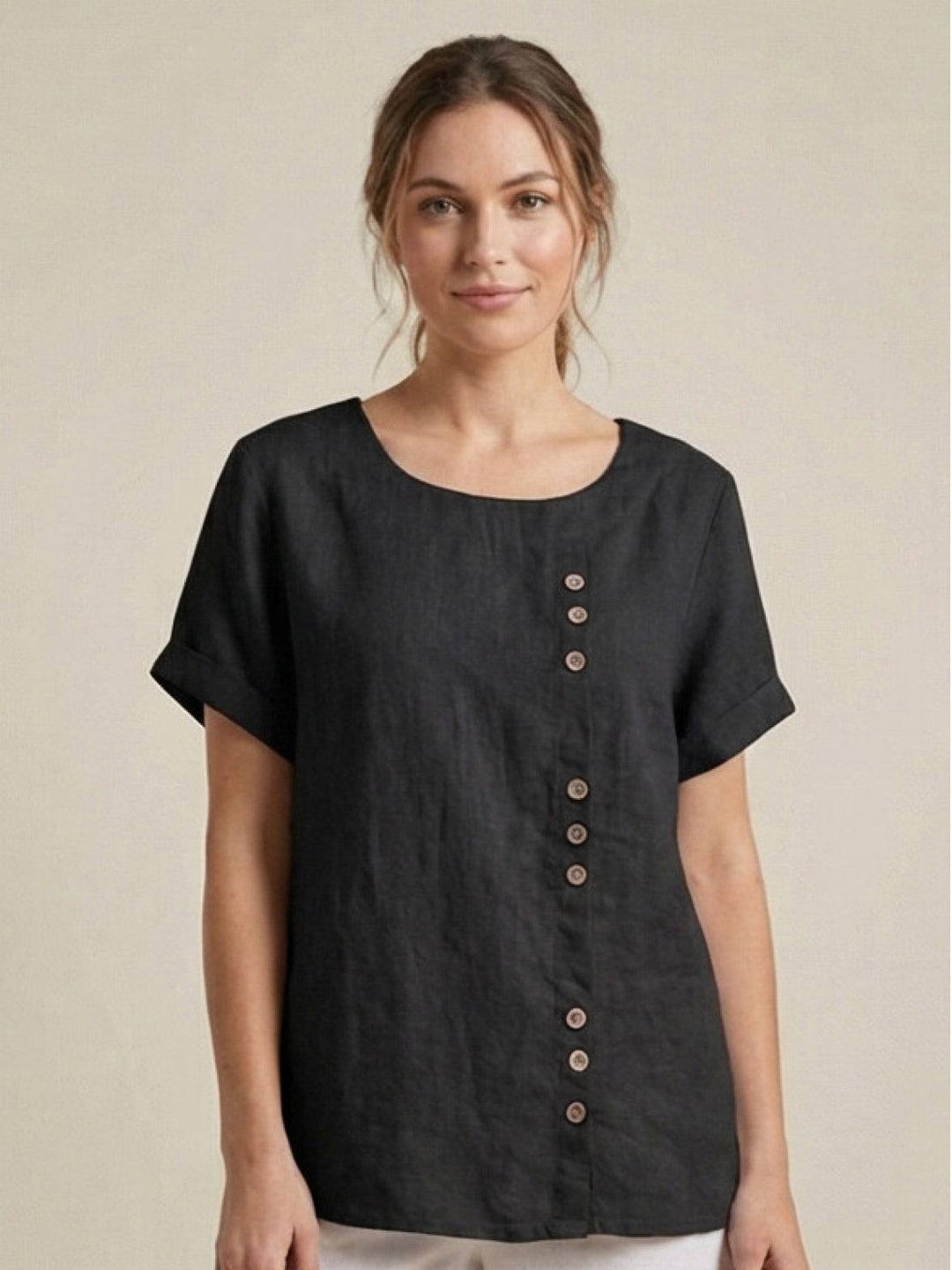 Vivienne | Short Sleeve Top with Scoop Neck and Button Detail