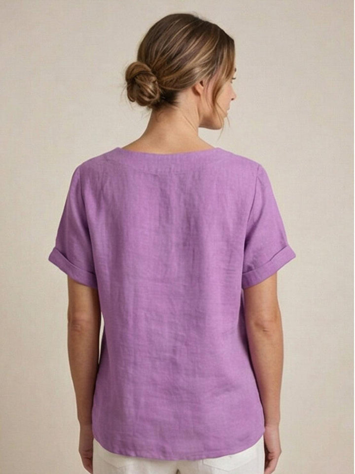 Vivienne | Short Sleeve Top with Scoop Neck and Button Detail