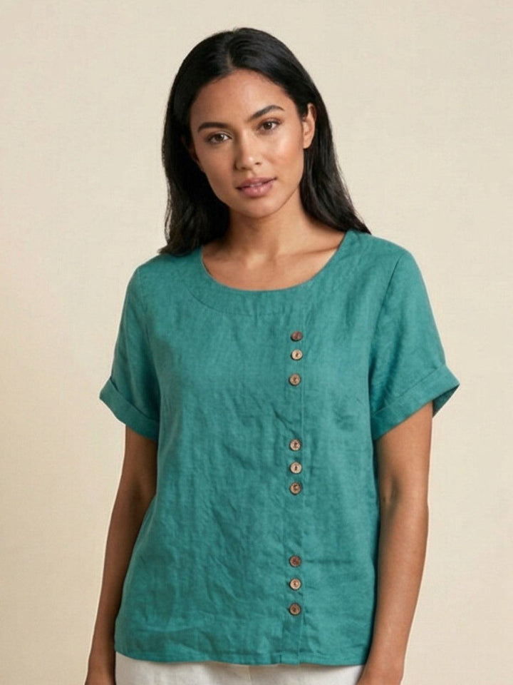 Vivienne | Short Sleeve Top with Scoop Neck and Button Detail