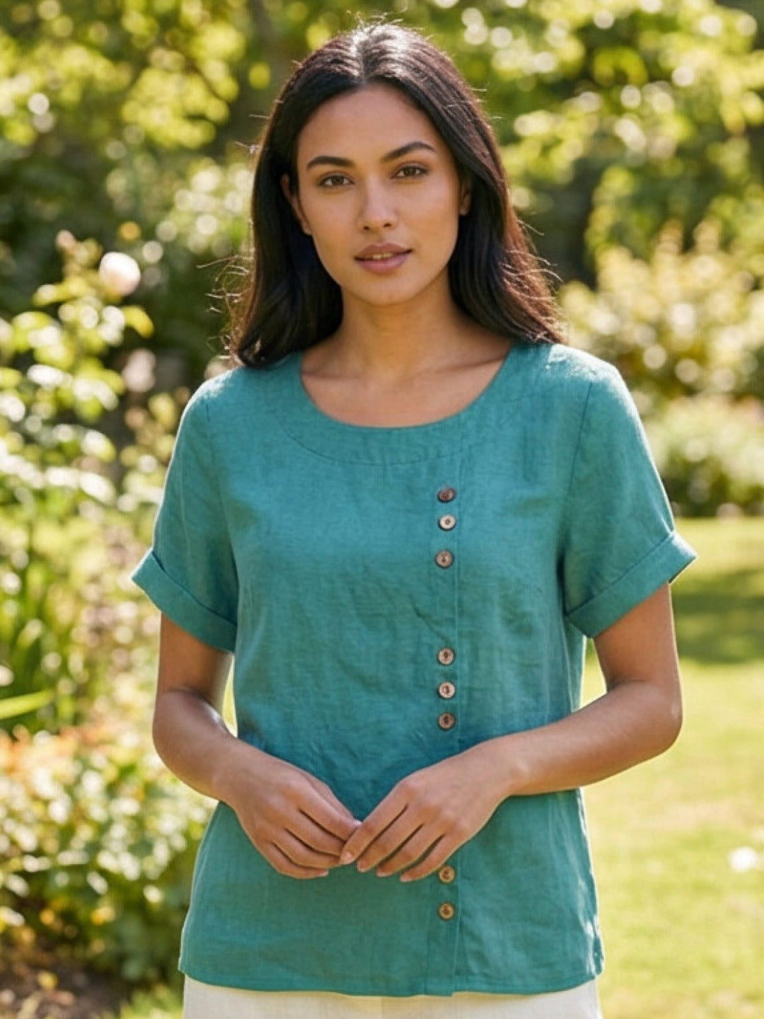 Vivienne | Short Sleeve Top with Scoop Neck and Button Detail