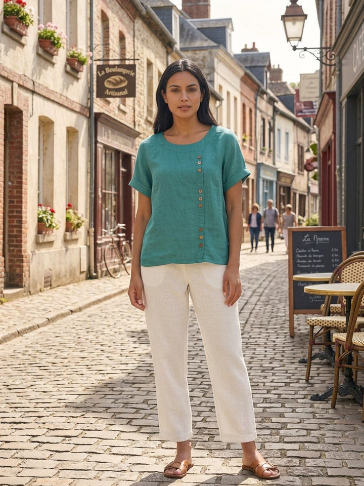 Vivienne | Short Sleeve Top with Scoop Neck and Button Detail