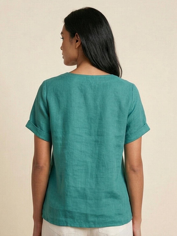 Vivienne | Short Sleeve Top with Scoop Neck and Button Detail