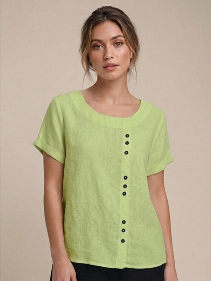 Vivienne | Short Sleeve Top with Scoop Neck and Button Detail