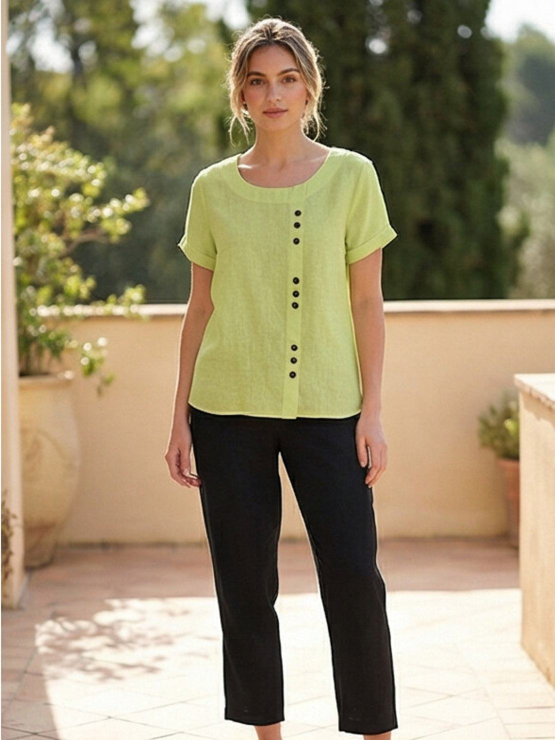 Vivienne | Short Sleeve Top with Scoop Neck and Button Detail