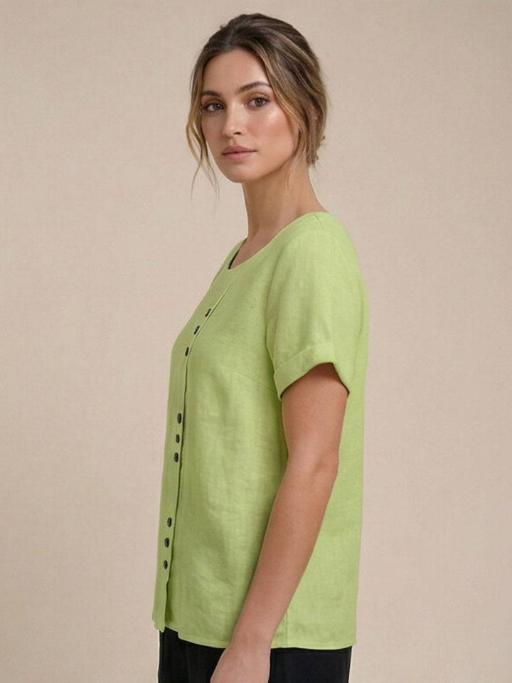 Vivienne | Short Sleeve Top with Scoop Neck and Button Detail