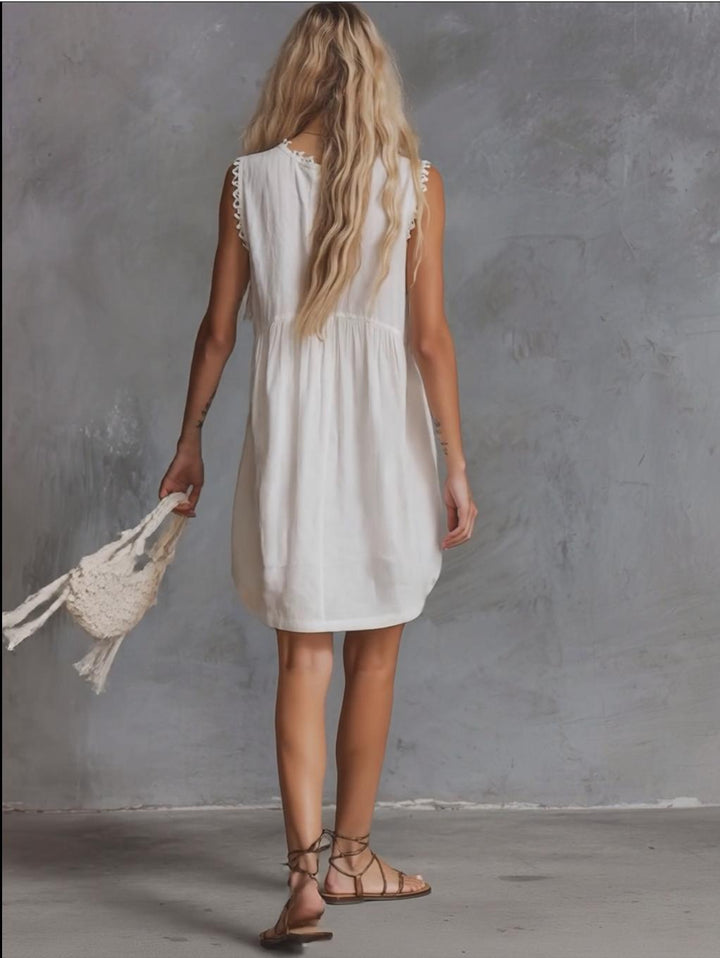 Evangeline | Elegant Vintage Western Lace V-neck Front-button White Cotton Mini Dress