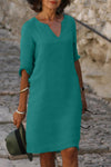 Maria | Women's Summer Midi Dress with V-Neck in Linen